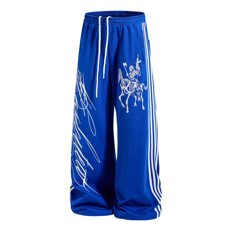 Wide-Leg Track Pants with Skeleton Rider Print and Side Stripe Detail