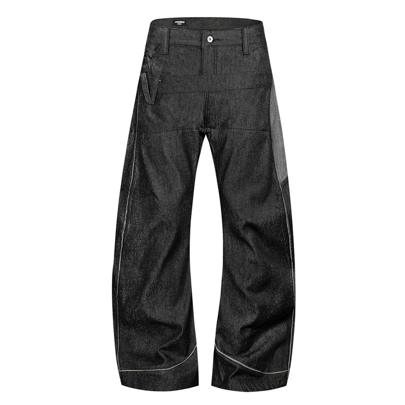Jean homme en denim brut à jambes larges, avec double ceinture et empiècements diagonaux, indigo foncé
