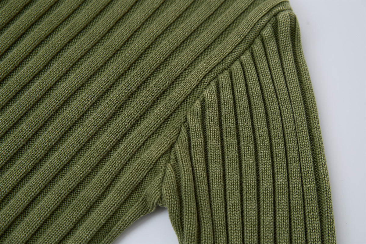Ribbed Knit Mock-Neck Full-Zip Cardigan Sweater with Lightning Bolt Embroidery