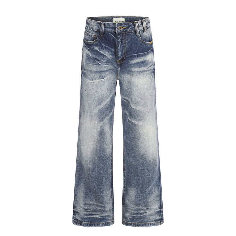 Men's wide-leg vintage blue washed denim jeans with distressed fade and amber stitching, front and back view