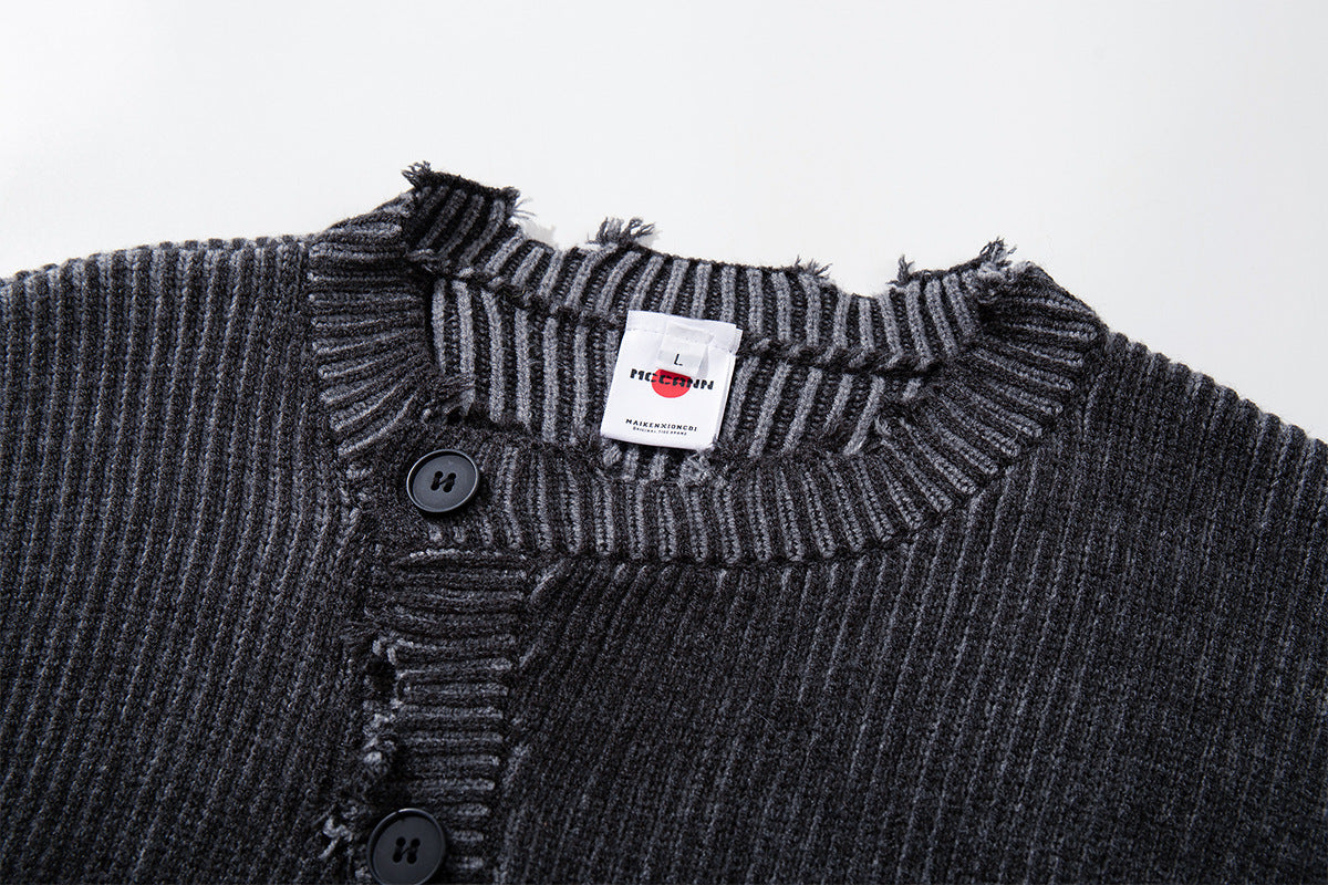 Distressed Ribbed Knit Cardigan with Asymmetric Button Placket – Washed Grey