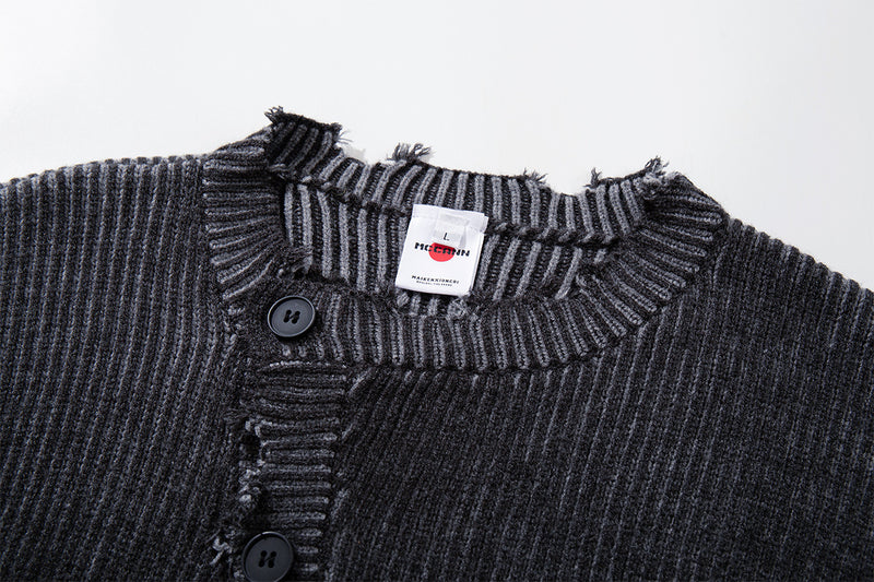 Distressed Ribbed Knit Cardigan with Asymmetric Button Placket – Washed Grey