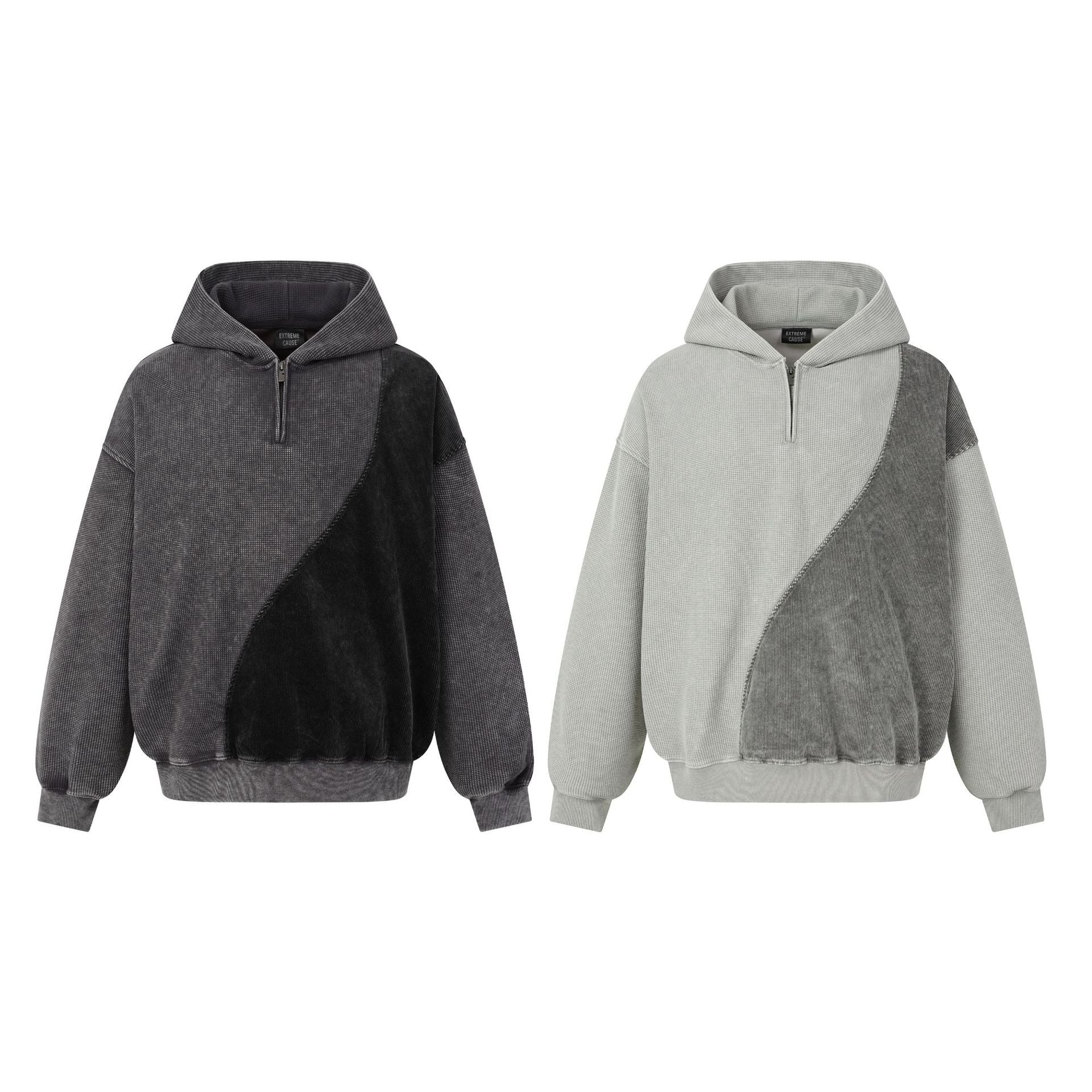 Sweat à capuche zippé quart de zip en maille gaufrée – Design bicolore déconstruit