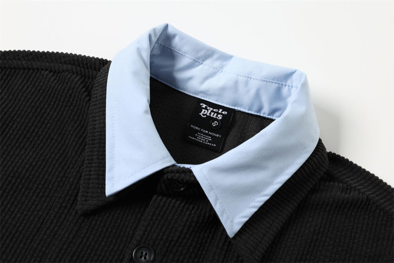 Faux Two-Piece Corduroy Knit Overshirt – Layered Collar Button-Up with