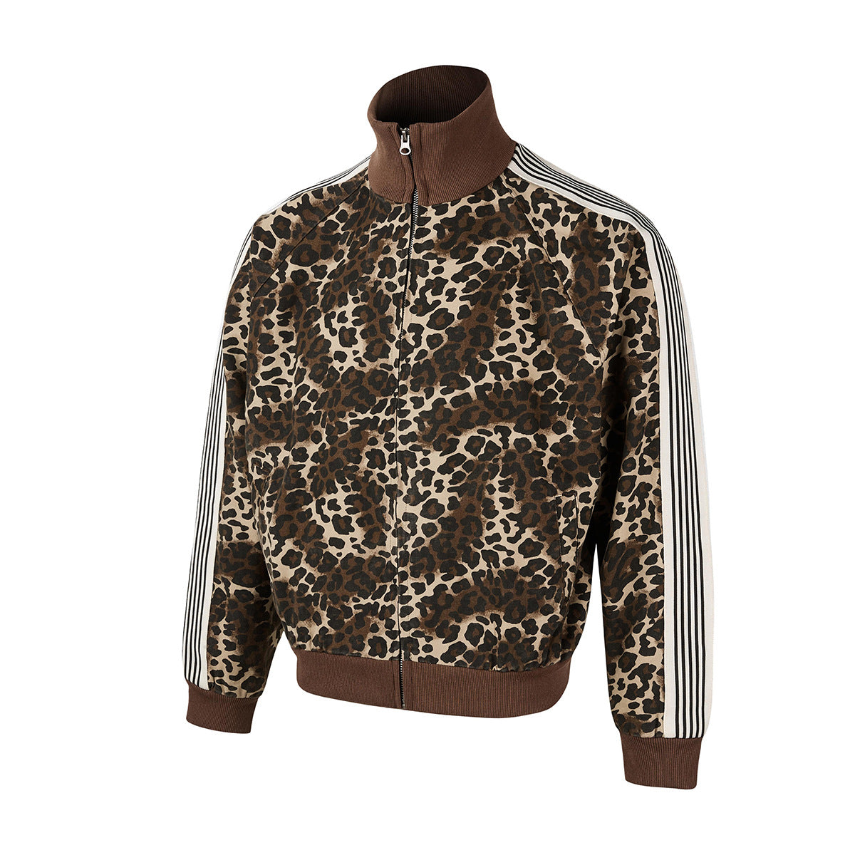 Leopard Print Track Jacket with Striped Sleeve Tape and Mock Neck Zip