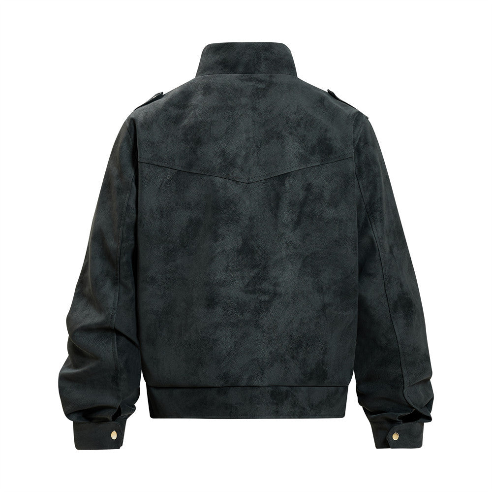 Men's Retro Distressed Suede-Texture PU Leather Stand Collar Bomber Jacket