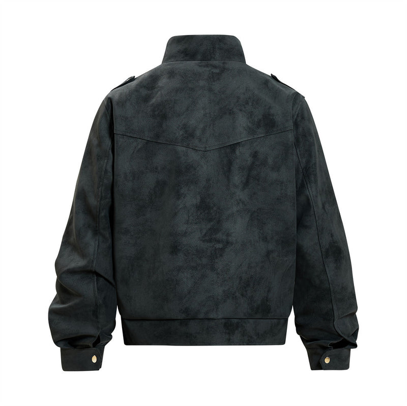 Men's Retro Distressed Suede-Texture PU Leather Stand Collar Bomber Jacket