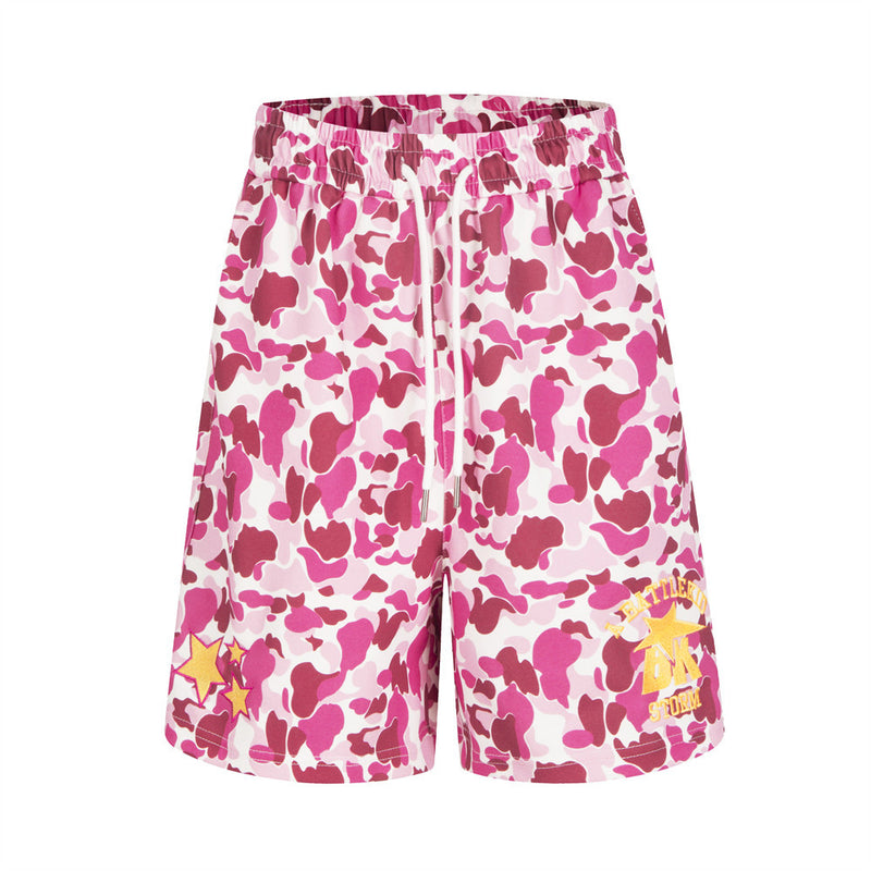 Men's camouflage print streetwear shorts with star embroidery in pink, blue, and green colorways