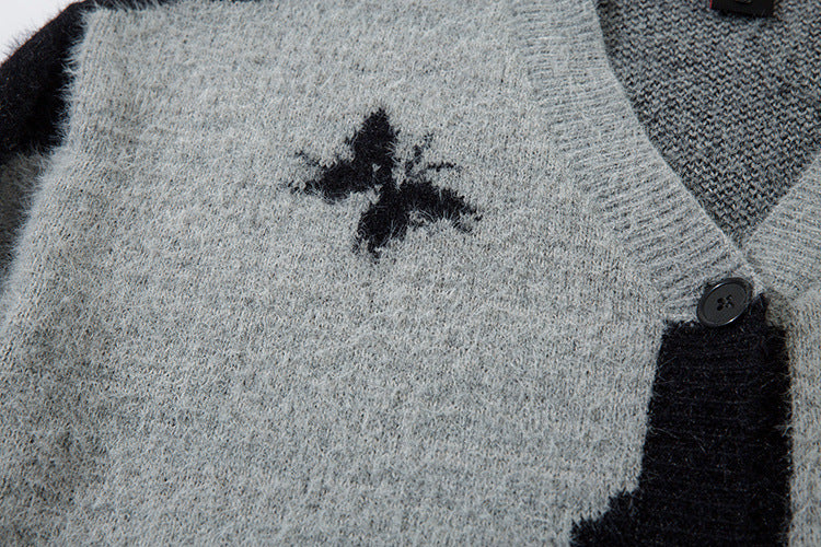 Gilet cardigan en maille jacquard papillon – Col V oversize, maille couple