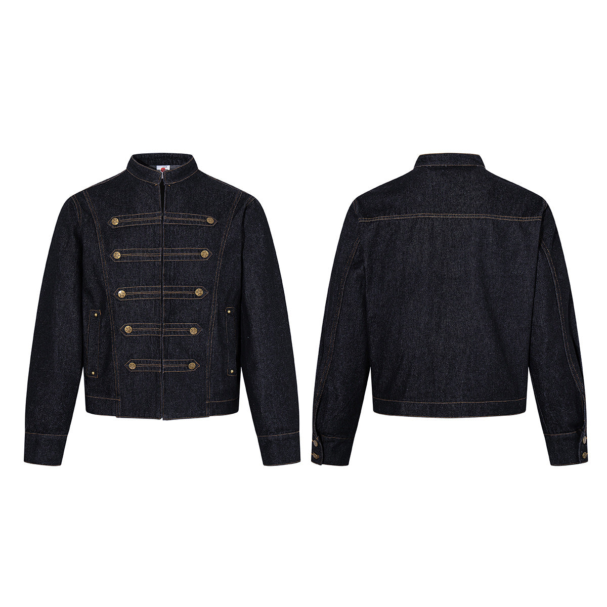 Military-Style Denim Jacket with Napoleon Stand Collar and Gold Star Buttons