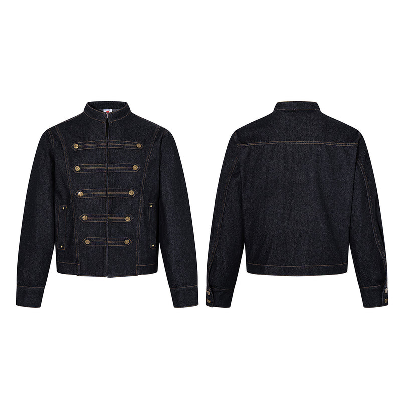 Military-Style Denim Jacket with Napoleon Stand Collar and Gold Star Buttons