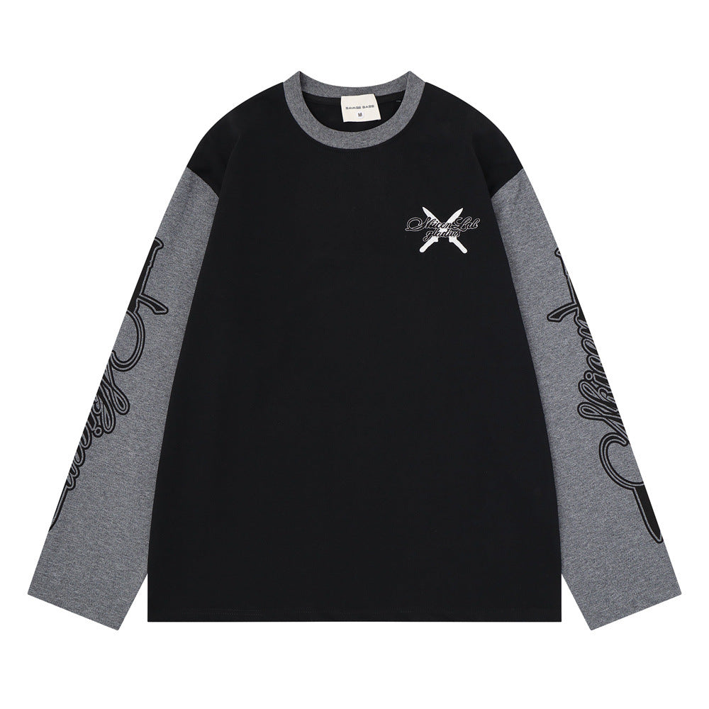 Camiseta de manga larga para hombre con bloques de color y bordado de texto – Corte relajado