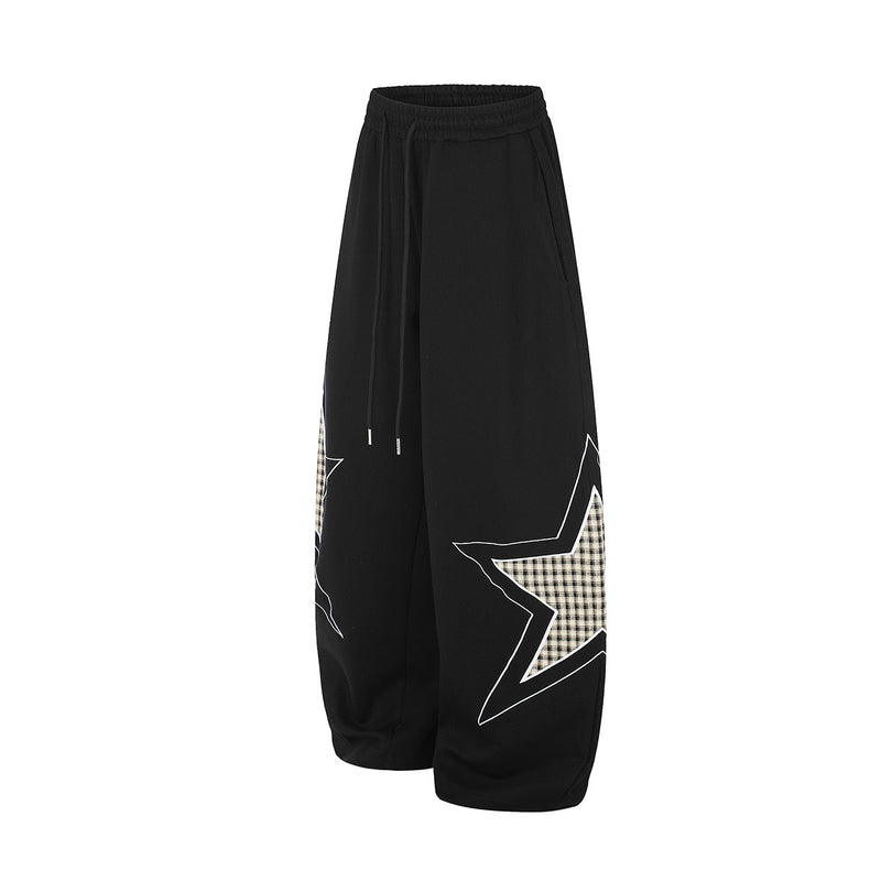 Wide-Leg Star Patch Sweatpants – Oversized Streetwear Joggers with Plaid