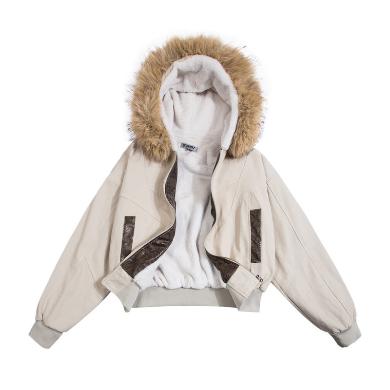 Fur-Trim Hooded Bomber Jacket – Fleece-Lined Winter Coat with Removable Hood