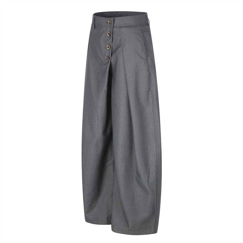 Wide-Leg Pleated Trousers with Diagonal Button Fly