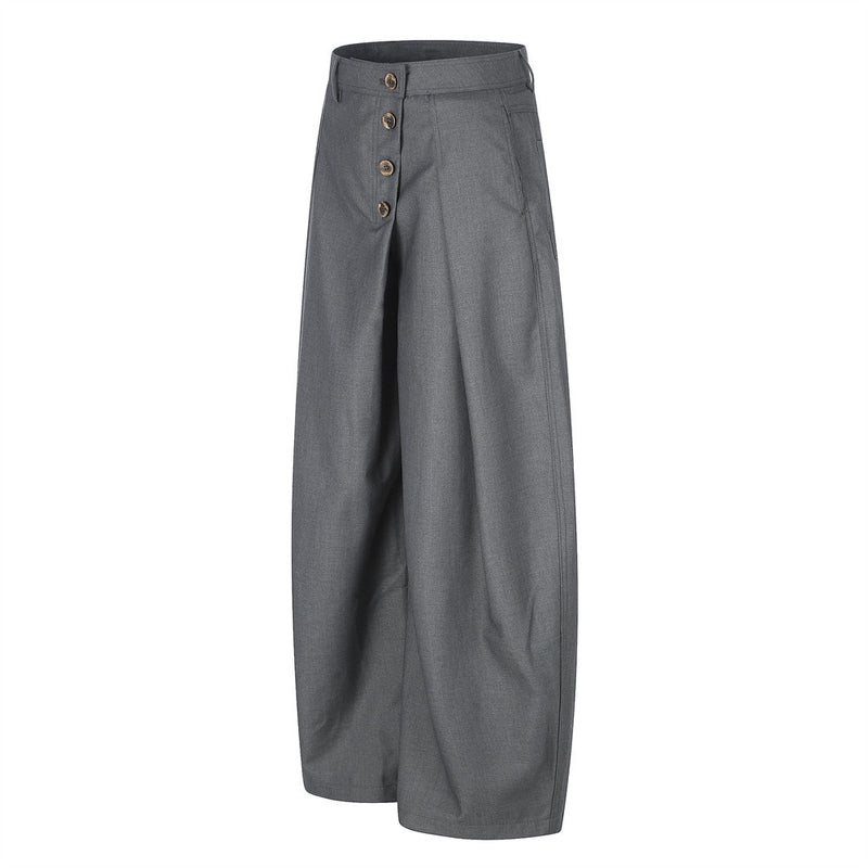 Wide-Leg Pleated Trousers with Diagonal Button Fly