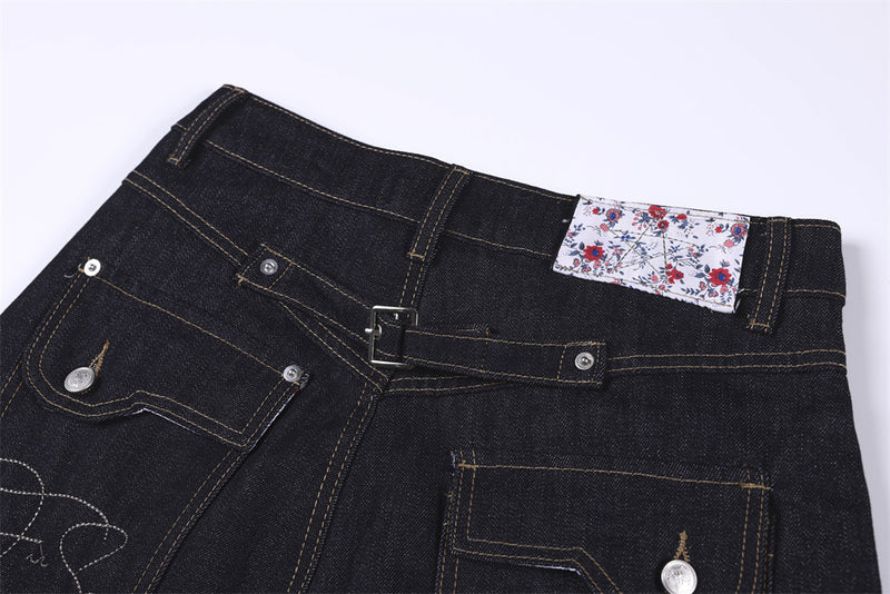 RHNDE Dark Wash Wide-Leg Denim Shorts with Floral Pocket Lining