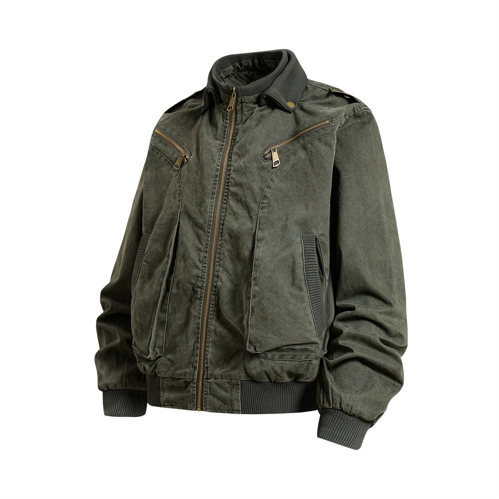 Washed Cargo Bomber Jacket – Men's Oversized Stand Collar with Double Chest Zips