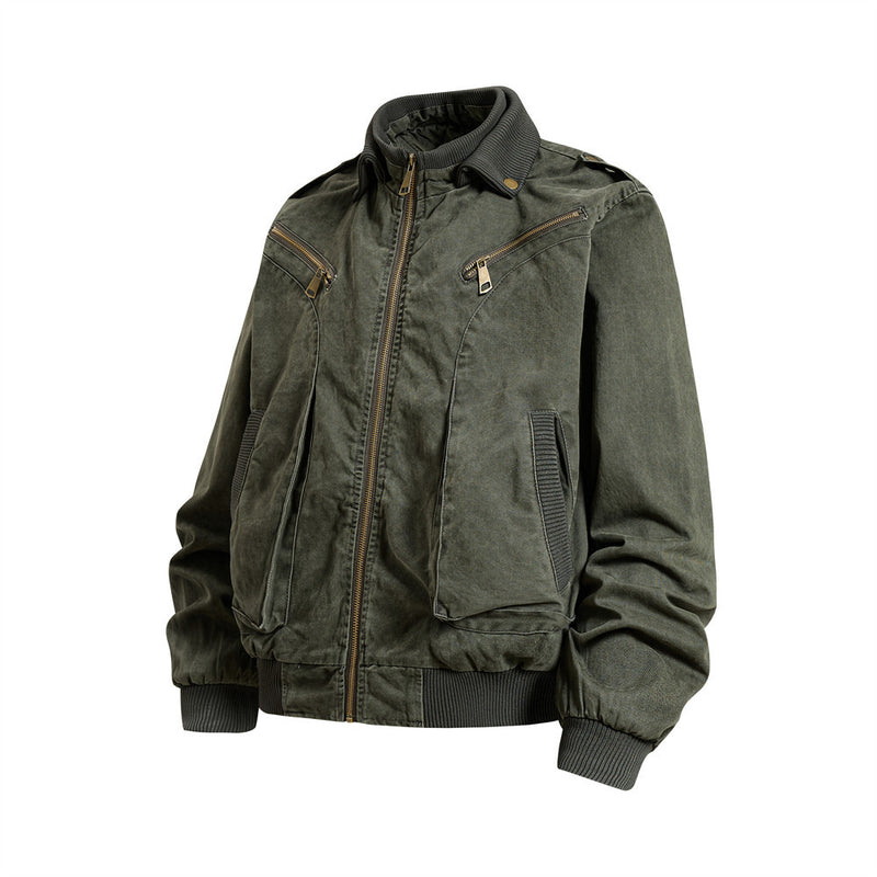 Washed Cargo Bomber Jacket – Men's Oversized Stand Collar with Double Chest Zips