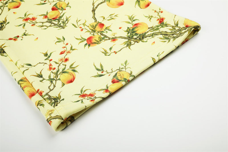Wide-Leg Pants – All-Over Peach Blossom Branch Print, Relaxed Straight Fit