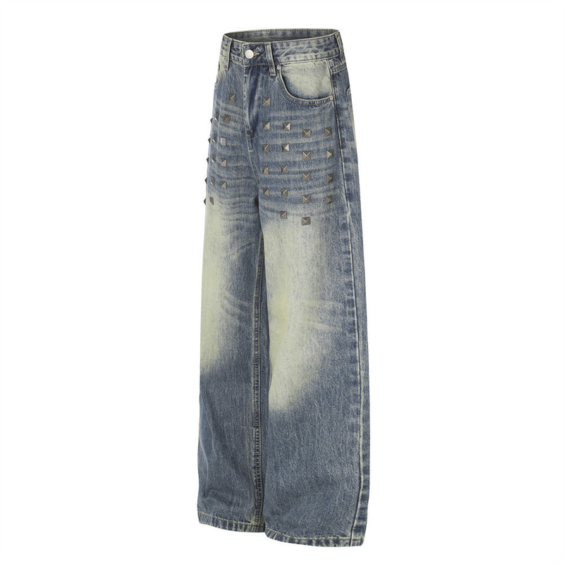 Jean homme coupe large – Denim délavé effet usé avec clous pyramidaux