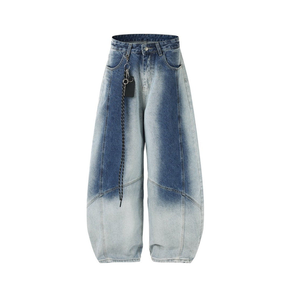 Wide-Leg Gradient Washed Jeans – Deconstructed Curved Seam Baggy Denim