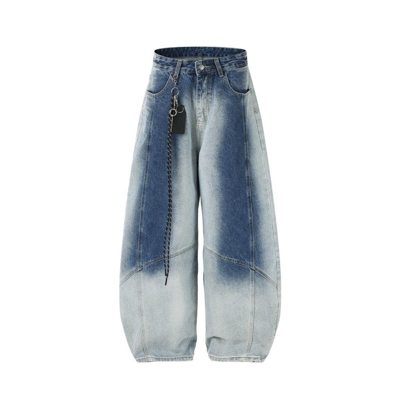 Wide-Leg Gradient Washed Jeans – Deconstructed Curved Seam Baggy Denim