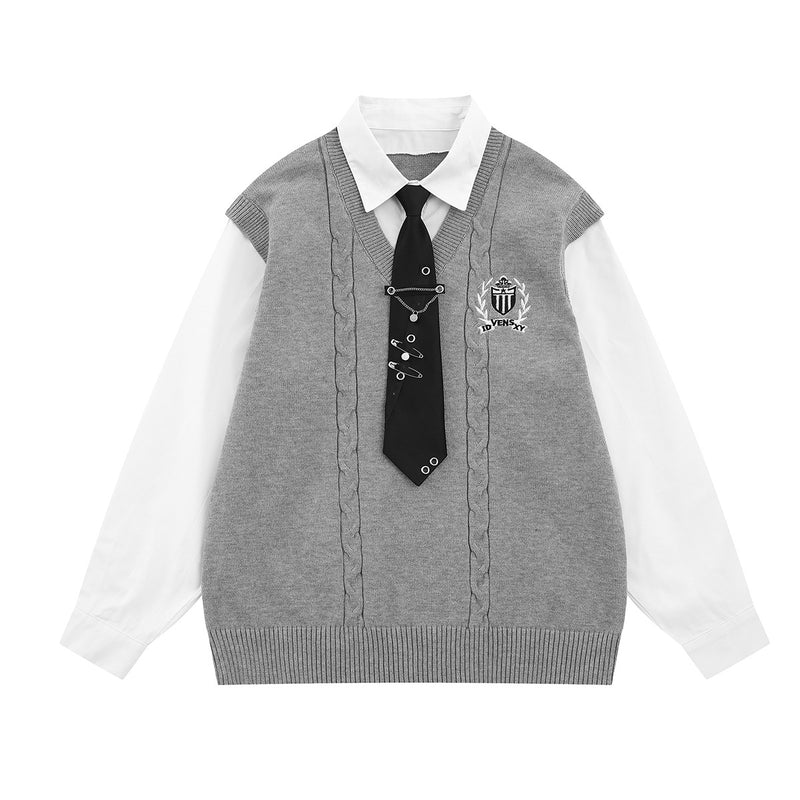 Cable Knit Sweater Vest Layered Shirt with Tie – Collegiate Preppy Style