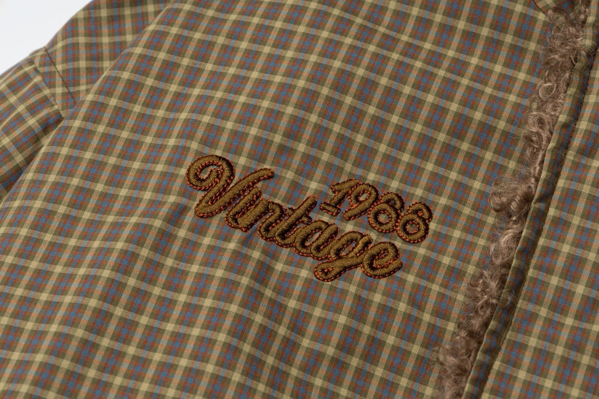 Reversible Plaid & Sherpa Bomber Jacket – Vintage 1988 Embroidered Padded Coat