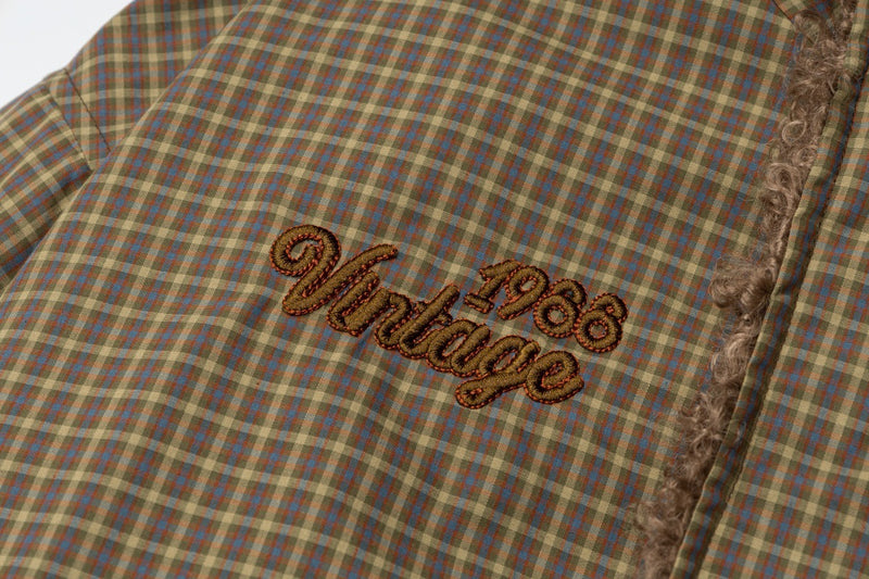 Reversible Plaid & Sherpa Bomber Jacket – Vintage 1988 Embroidered Padded Coat