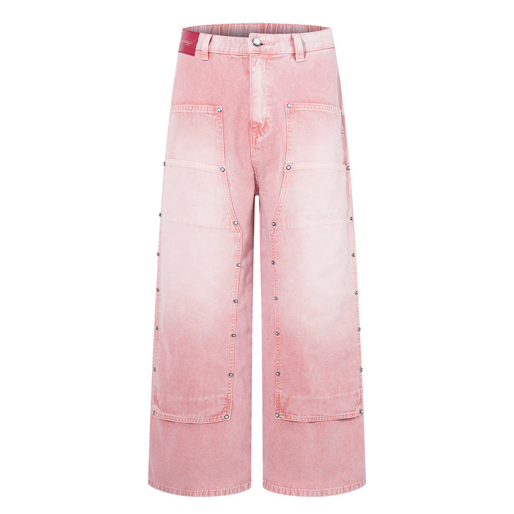 Wide-Leg Carpenter Jeans – Patchwork Studded Pink Washed Denim