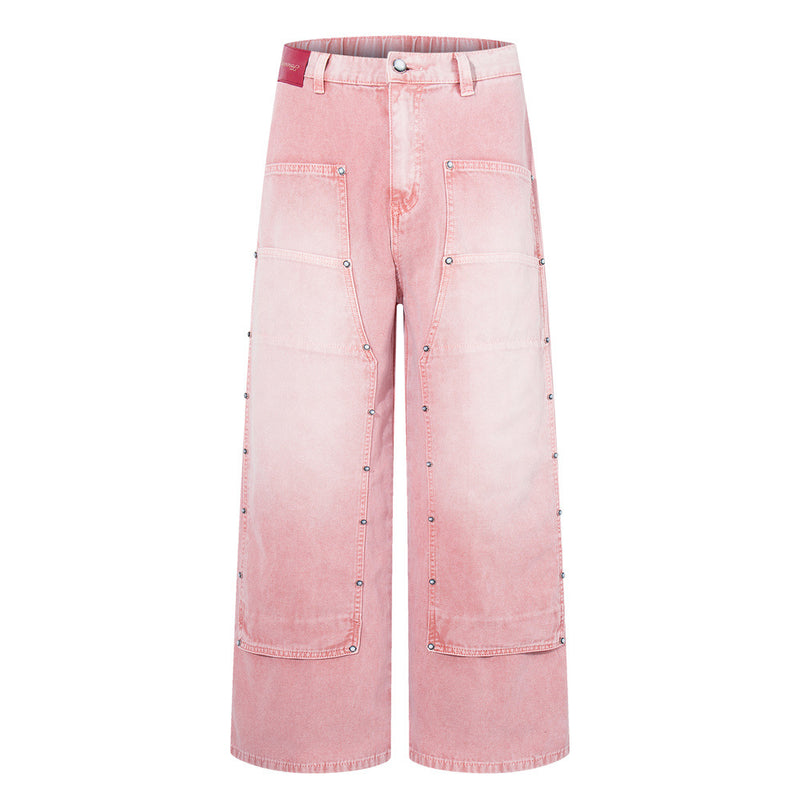 Wide-Leg Carpenter Jeans – Patchwork Studded Pink Washed Denim