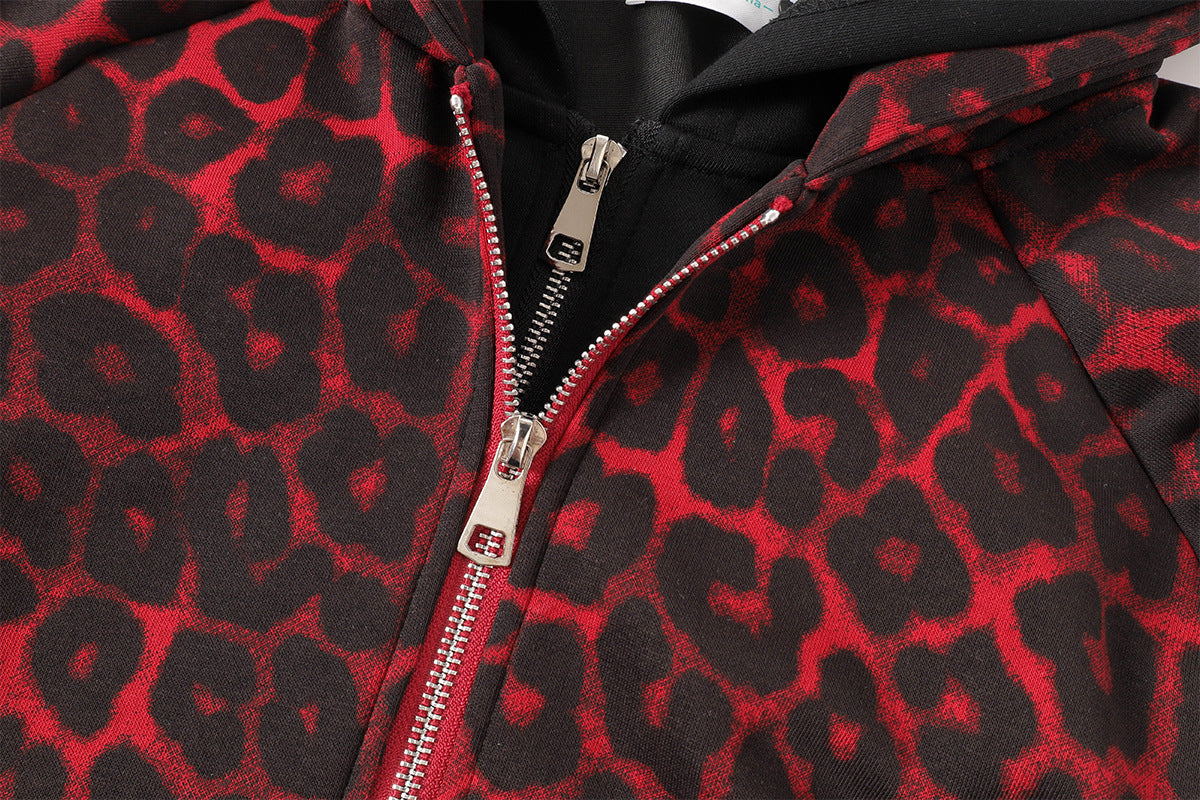 Veste hoodie zippée à motif léopard – Imprimé animal rouge et noir oversize avec