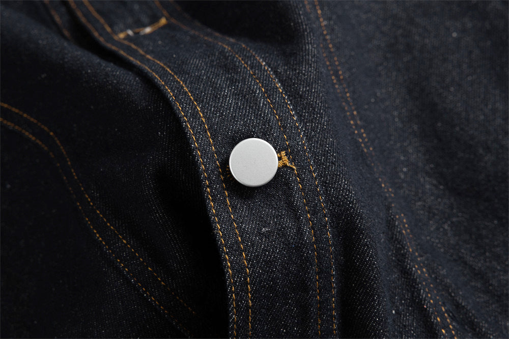 Men's Raw Denim Jacket with Corduroy Collar — Deconstructed Seam Design