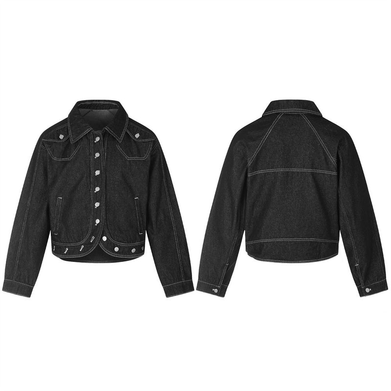 Black cropped denim jacket shown front and back, with white contrast stitching and snap buttons