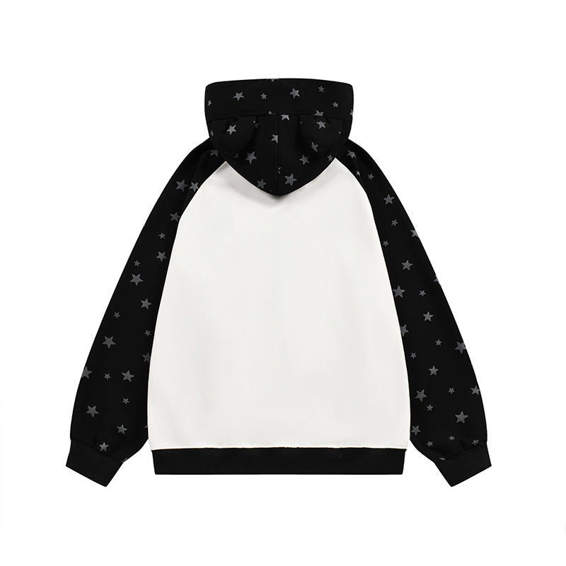 Hoodie with Cool Designs – Star Print Cartoon Cat Zip-Up Hoodie with Ear Hood