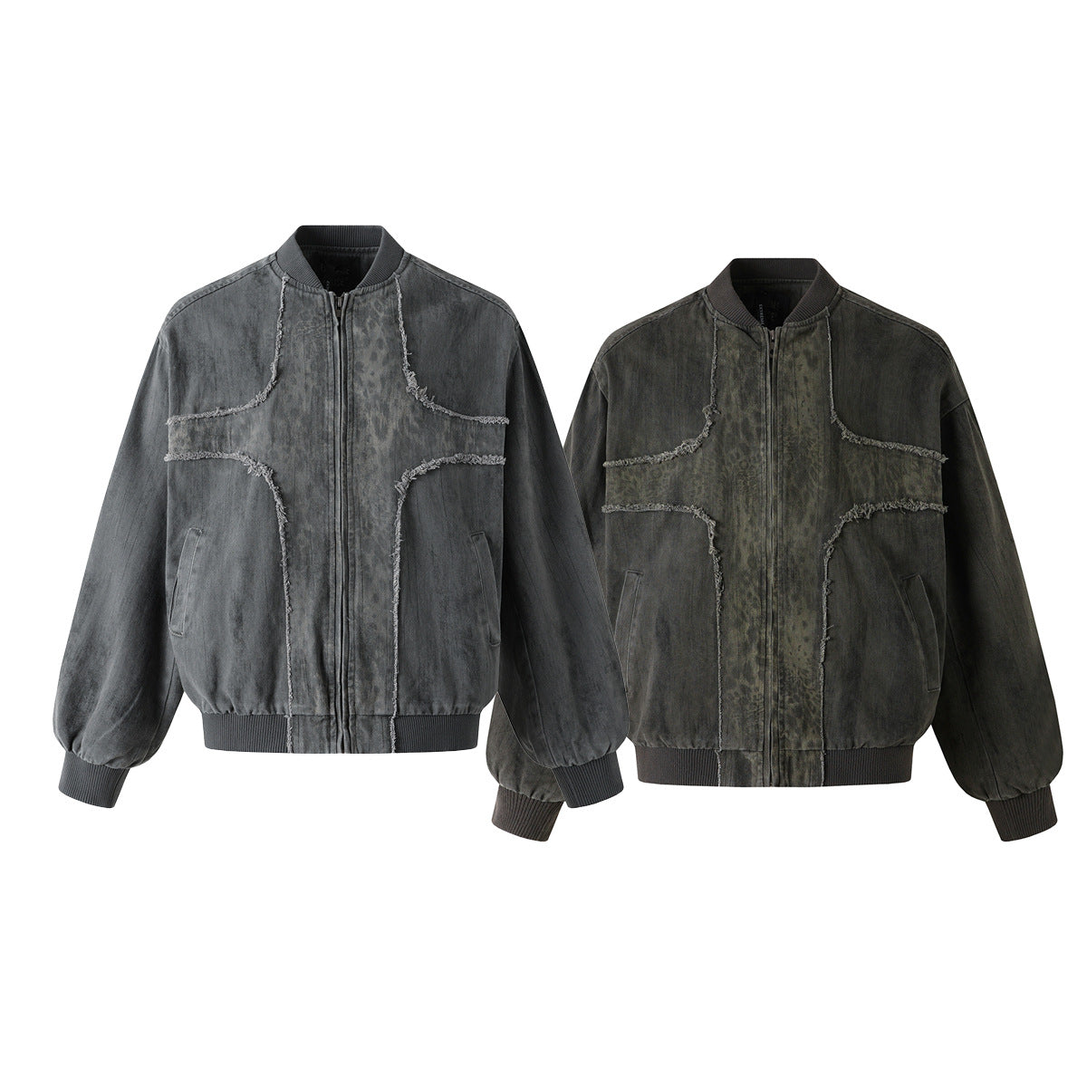 Veste bomber en jean délavé déconstruite à empiècement croisé et coutures effilochées
