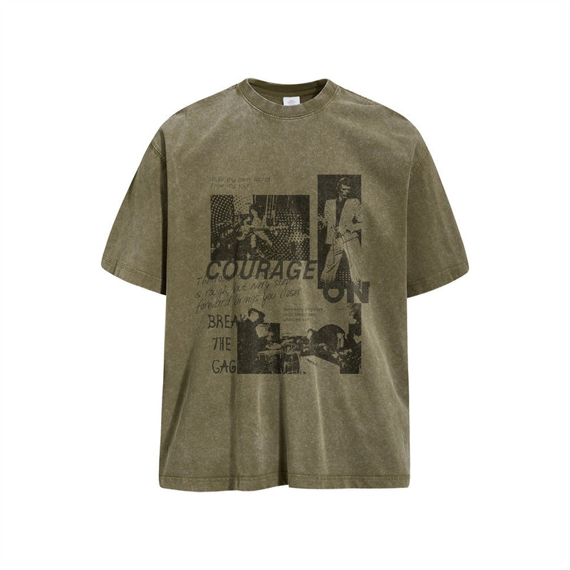 Oversized Graphic Tee – Vintage Washed Music Collage Print, Crew Neck Short