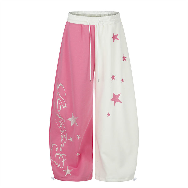 Oversized colorblock wide-leg sweatpants with star embroidery in pink white and grey streetwear style