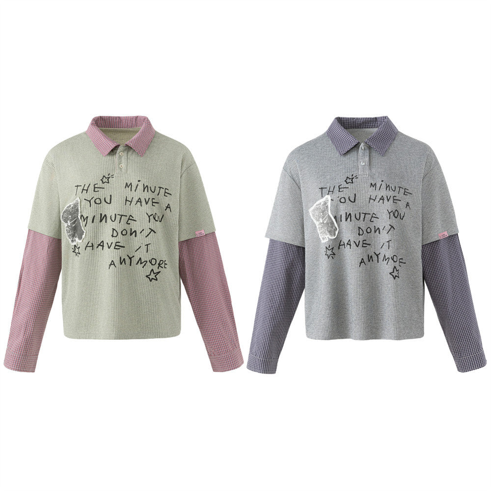 Faux Two-Piece Plaid Long Sleeve Polo Shirt with Graphic Print
