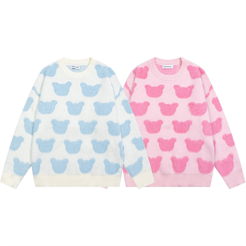 Bear Jacquard Crewneck Knit Sweater – Oversized Long Sleeve Pullover