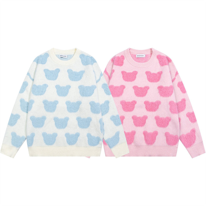 Bear Jacquard Crewneck Knit Sweater – Oversized Long Sleeve Pullover