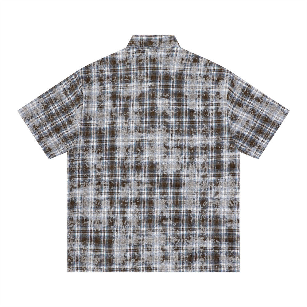 American Vintage Tie-Dye Plaid Short Sleeve Shirt with Dragon Graphic