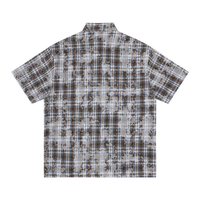American Vintage Tie-Dye Plaid Short Sleeve Shirt with Dragon Graphic