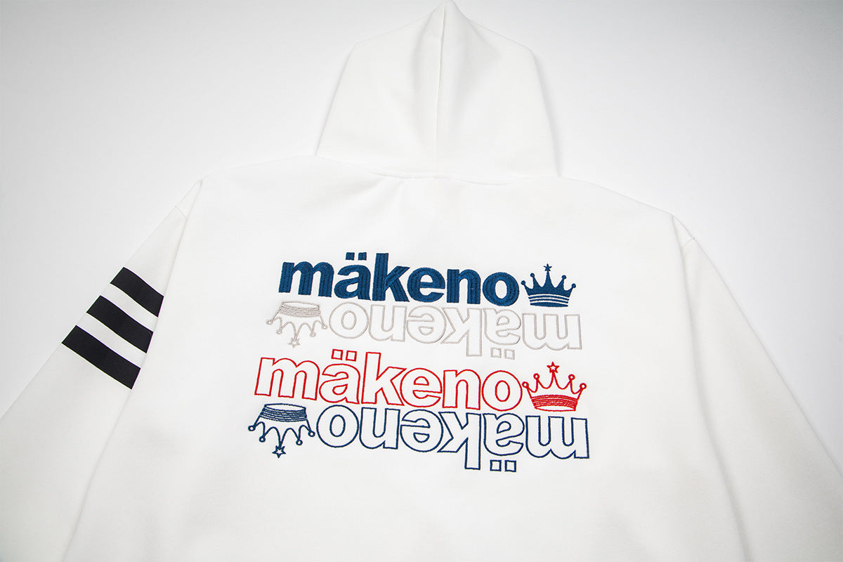 Makeno ヴァーシティストライプ プルオーバーフーディー｜クラウンロゴ・袖ストライプ・バックデザイン