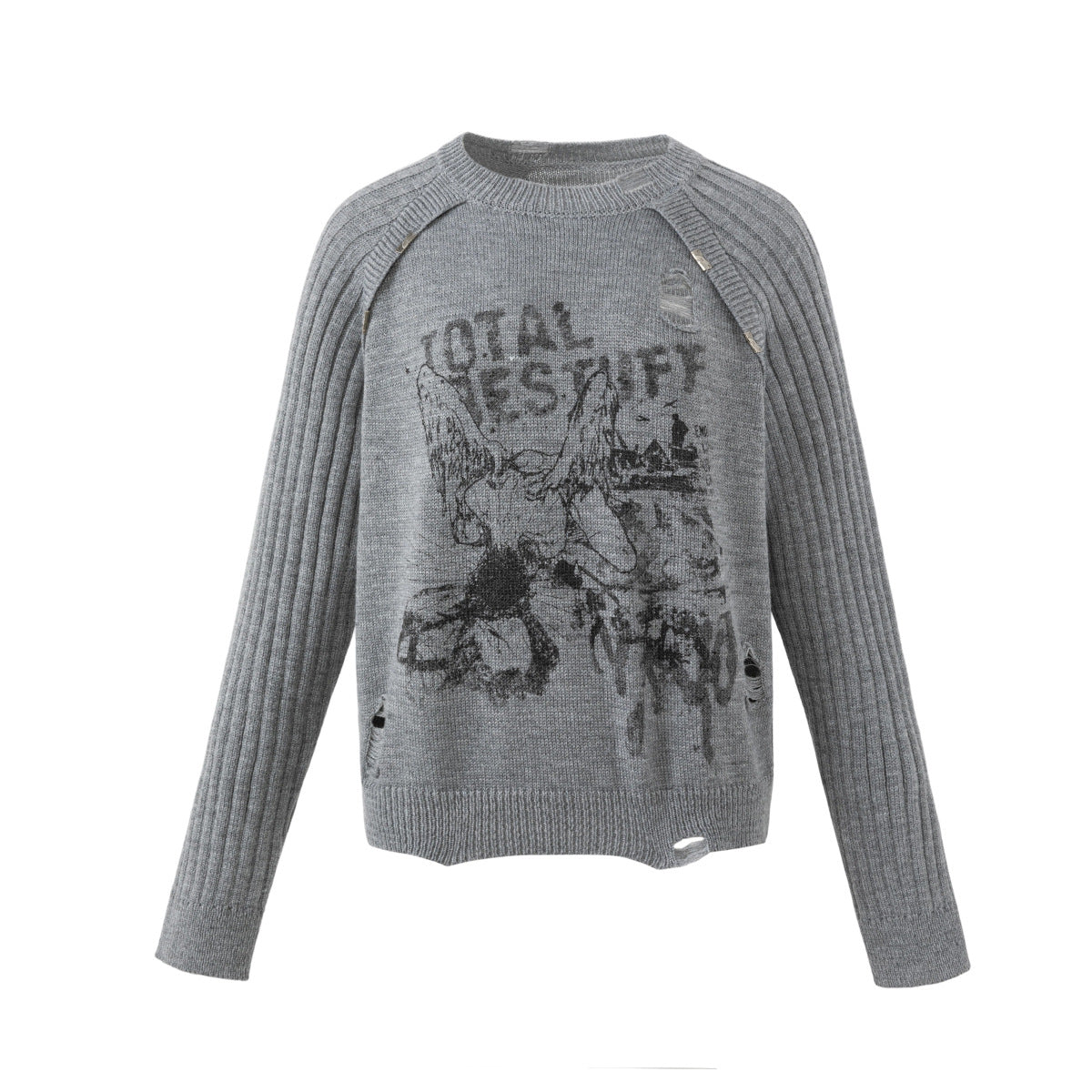 Distressed Graphic Knit Sweater – Raglan Ribbed Sleeve, Rock Print, Grey