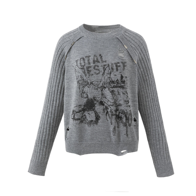 Distressed Graphic Knit Sweater – Raglan Ribbed Sleeve, Rock Print, Grey