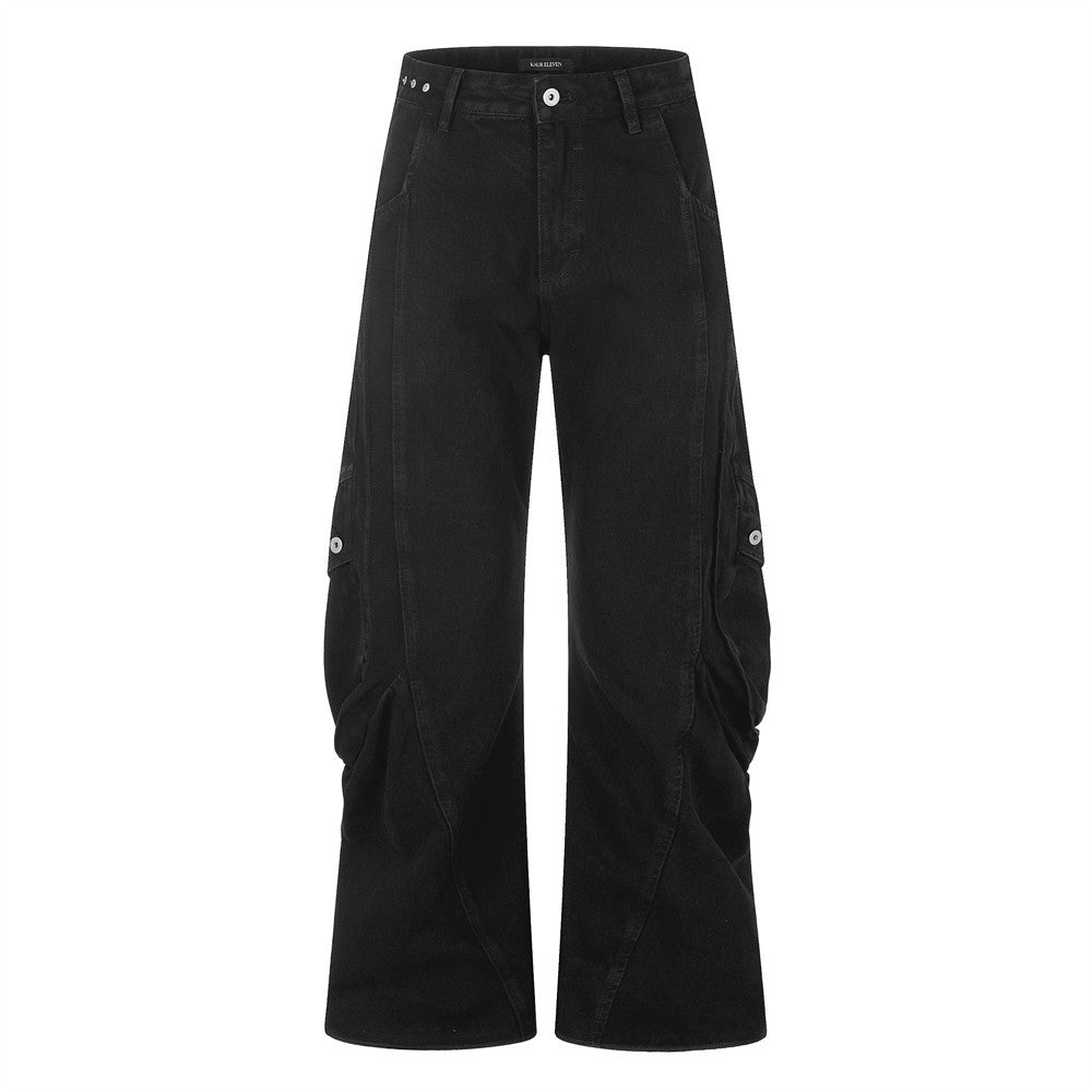 Wide-Leg Cargo Jeans – Pleated Multi-Pocket Washed Black Denim