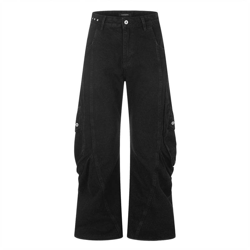 Wide-Leg Cargo Jeans – Pleated Multi-Pocket Washed Black Denim