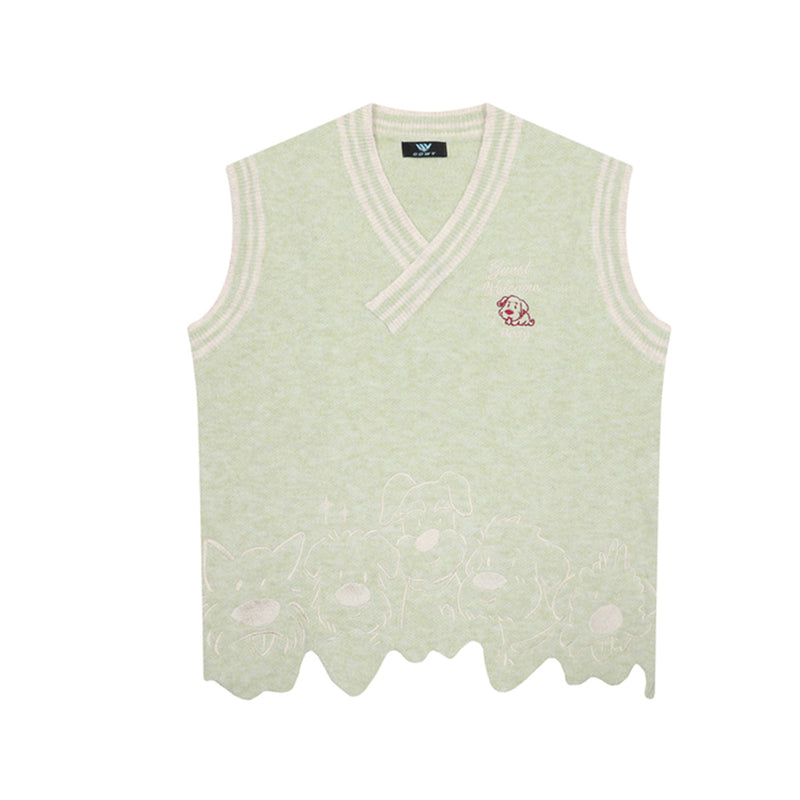 V-Neck Knit Sweater Vest with Irregular Hem & Puppy Embroidery